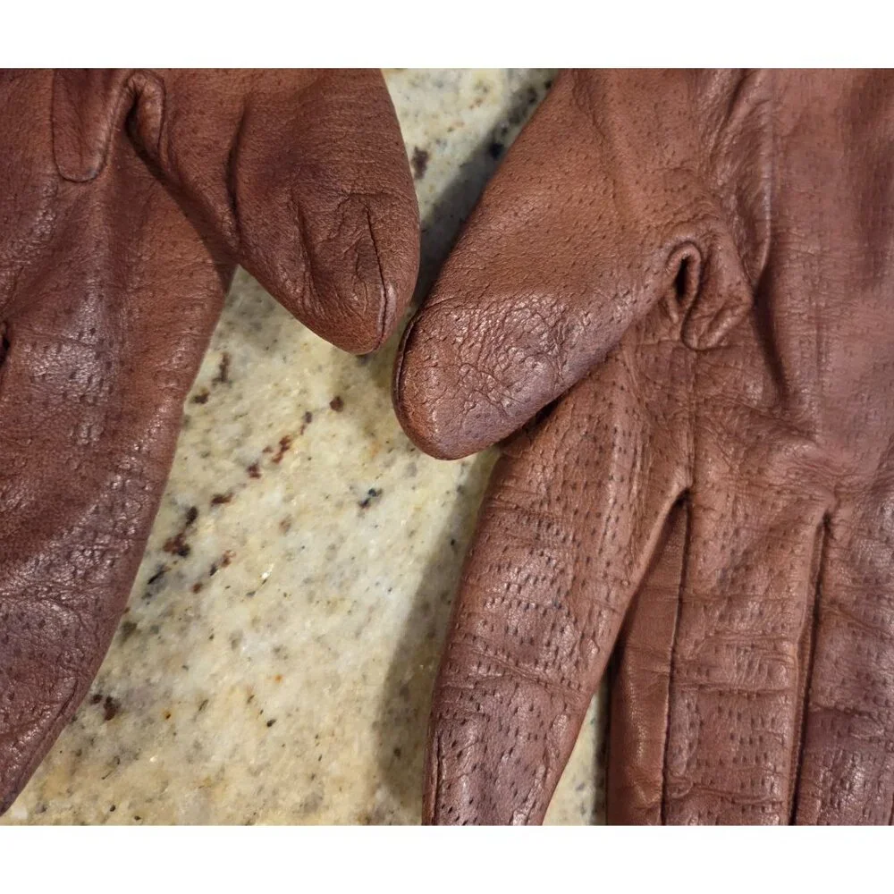 Vintage Womens Size L Brown Leather Knit Lined Gloves Perferated